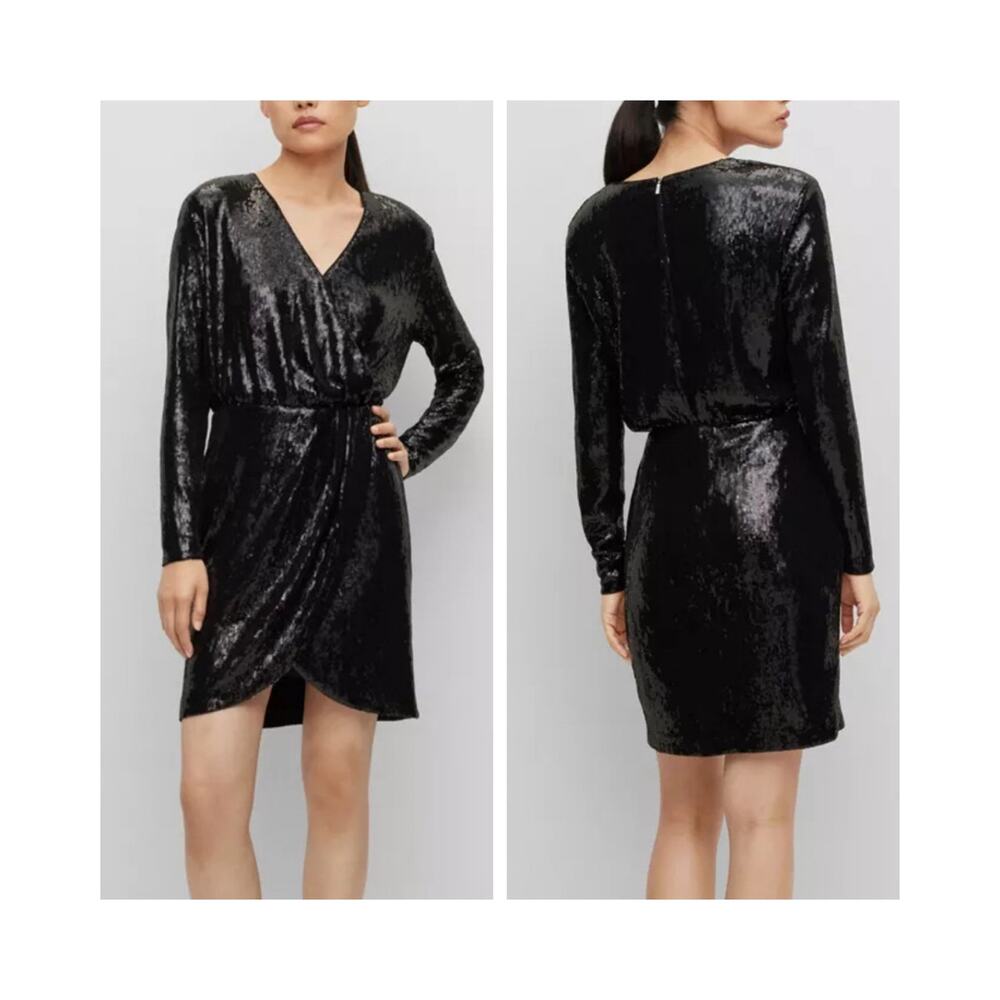 BOSS Mini Dress Black Sequin Faux Wrap Long Sleeve Cocktail